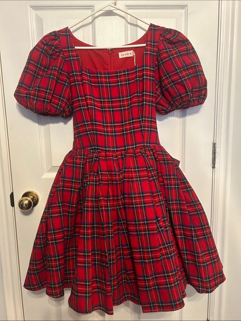 Ivy City Co Red Plaid Puff-Sleeve Christmas Dress